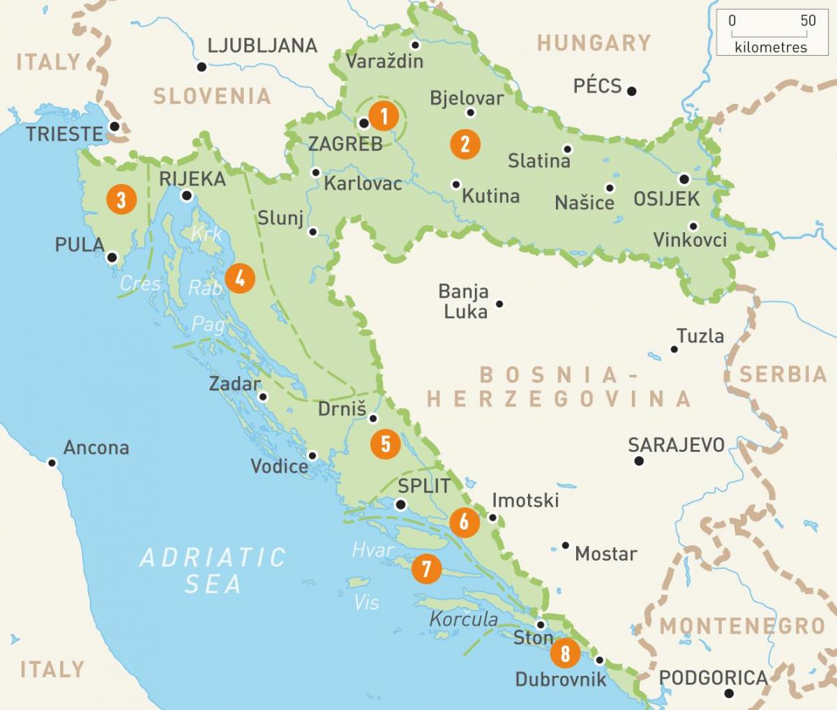 kart over kroatia og øyene