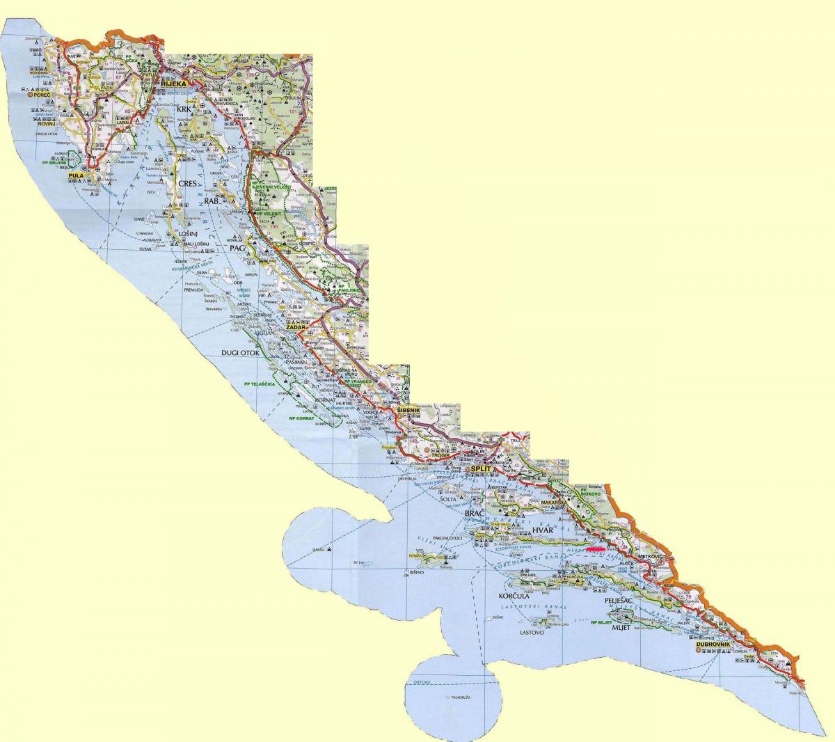 kart over kroatiske kysten og øyene