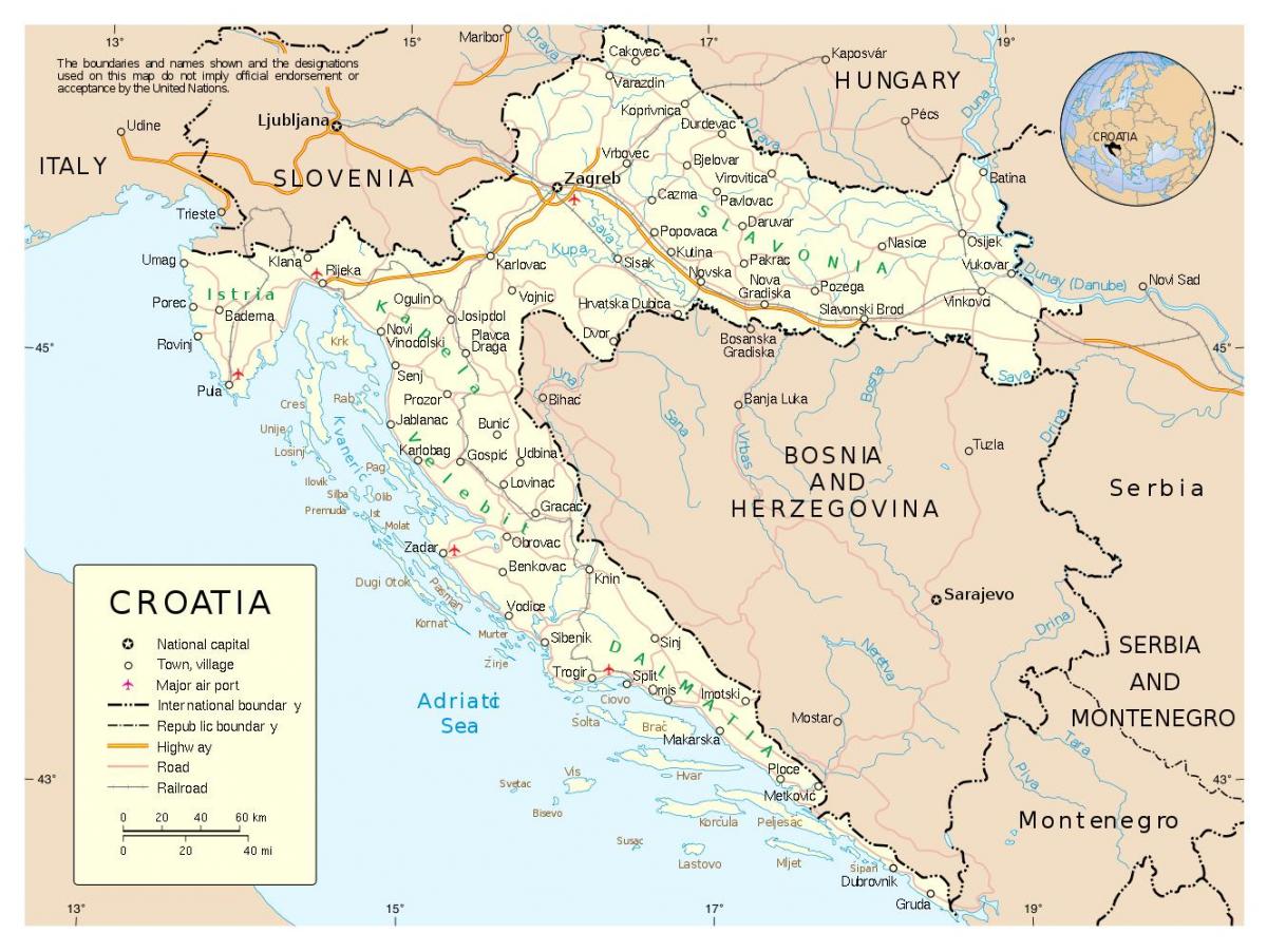 kart over kroatia med byer