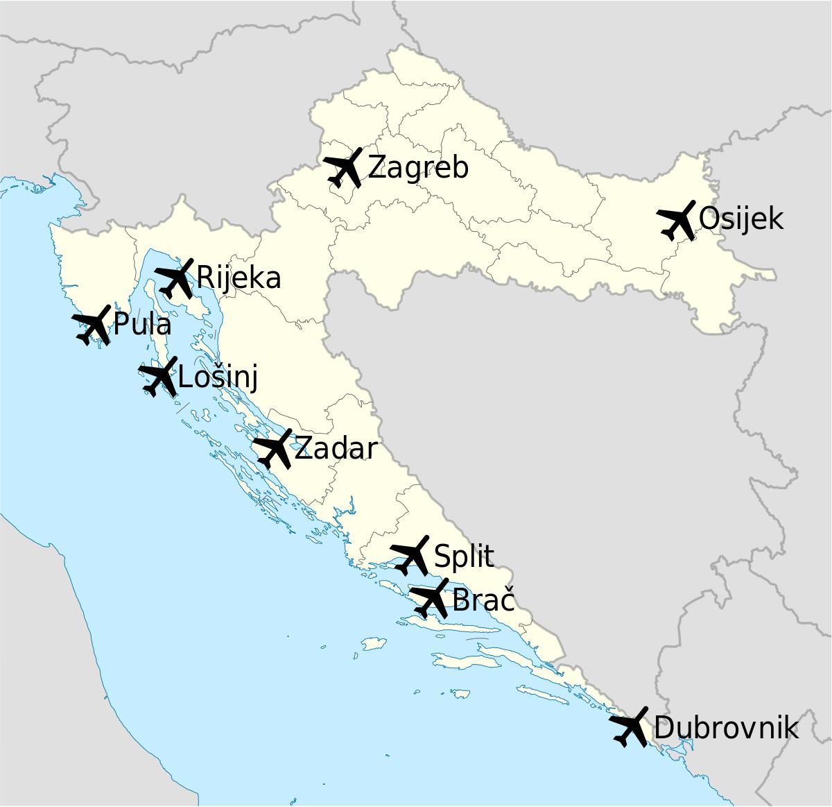 kart over kroatia viser flyplasser